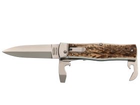 Автоматический многофункциональный нож Mikov Predator, сталь 420, рукоять рог оленя, чехол из кожи