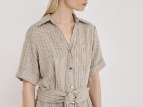 Платье-рубашка с поясом, Бежевый