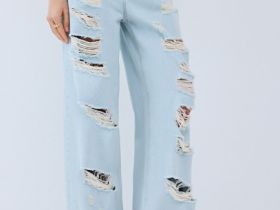 Широкие джинсы с рваным дизайном, Голубой