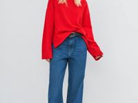 Объёмный джемпер с воротником-стойкой, Красный