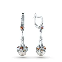 Серьги из серебра с гранатами и жемчугом культивированным э0681сг04260354