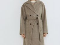 Длинное двубортное пальто с поясом, Бежевый