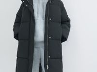 Длинный стёганый пуховик с капюшоном, Черный