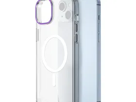 Чехол-накладка Wiwu Magsafe (ZYS-013) для Apple iPhone 15 Plus пластиковый (прозрачный/фиолетовая рамка)