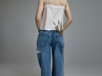 Широкие джинсы с рваным дизайном, Голубой