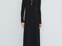 Вязаное платье с воротником поло на пуговицах, Черный