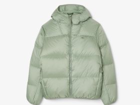 Мужской короткий влагоотталкивающий и ветроустойчивый пуховик Lacoste с капюшоном