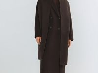 Длинное двубортное пальто с шарфом, Коричневый
