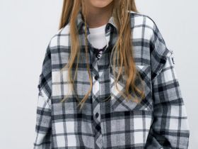 Рубашка в клетку из фланели для девочек, Серый