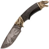 Кованый нож Юрский, дамасская сталь, рукоять карельская береза, художественное травление