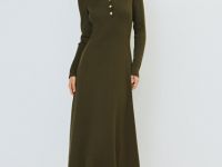 Вязаное платье с воротником поло на пуговицах, Зеленый