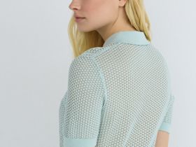 Джемпер поло из ажурной пряжи, Зеленый