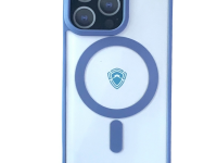 Чехол-накладка Dfansdesign Magsafe Case для Apple iPhone 14 Pro пластиковый прозрачно-белый (голубая рамка)