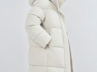 Длинный стёганый пуховик с капюшоном, Бежевый