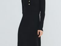 Вязаное платье с воротником поло на пуговицах, Черный