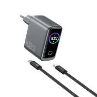 Сетевое зарядное устройство WIWU Voyager GaN 100W Type-Cx2/USB+кабель Type-C/Type-C/TFT-дисплей 1.5m (CHG300) (серый космос)