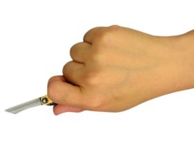 Складной нож Nagao Higonokami Mame Miniature, 40мм, сталь SK-5, рукоять латунь, коричневый чехол