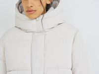 Длинный стёганый пуховик с капюшоном, Бежевый