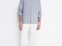 Рубашка из смесового льна с воротником мао, Синий