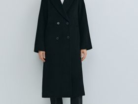 Длинное двубортное пальто из шерсти, Черный
