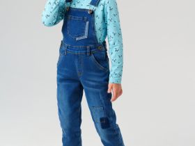 Полукомбинезон текстильный джинсовый утепленный флисом для девочек