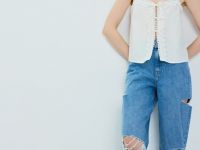 Широкие джинсы с рваным дизайном, Голубой