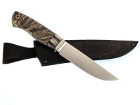 Шкуросъёмный нож Ястреб, сталь М390, рукоять мельхиор, зуб мамонта, стабилизированный кап клена