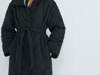 Длинное стёганое пальто с поясом, Черный