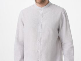 Рубашка из смесового льна с воротником мао, Бежевый