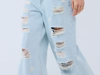 Широкие джинсы с рваным дизайном, Голубой