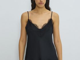 Сатиновый топ с кружевом, Черный