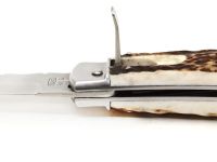 Автоматический нож Mikov Predator, сталь RWL-34, рукоять рог оленя, кожаный чехол