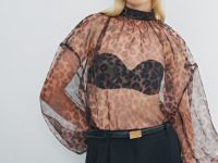 Блузка из органзы с леопардовым принтом, Коричневый