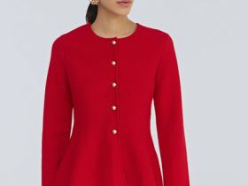 Кардиган с баской и золотыми пуговицами, Красный