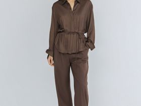 Блузка из сатина с поясом, Коричневый