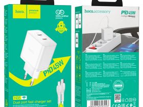 Сетевое зарядное устройство Hoco (N35) Streamer 2хType-C PD 45W + кабель Type-C/Lightning 1m (белый)