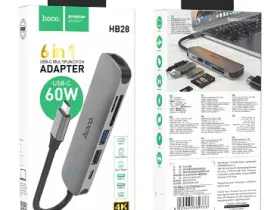 Переходник Hoco (HB28) Type-C на HDMI/USB3.0/USB2.0/USB-C/MicroSD/SD (Metal Gray)