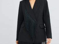 Двубортный жакет с отделкой из бахромы, Черный