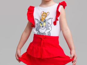 Комплект трикотажный для девочек: фуфайка (футболка), юбка-шорты