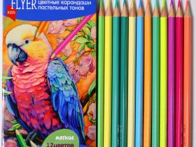 Набор карандашей цветных FLYER "Попугай", 12 пастельных цветов, трехгранная форма, толщина грифеля 3