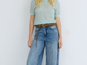 Джемпер поло из ажурной пряжи, Зеленый