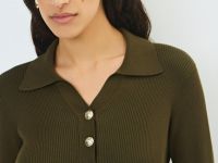 Вязаное платье с воротником поло на пуговицах, Зеленый