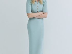 Платье в рубчик с воротником поло, Зеленый