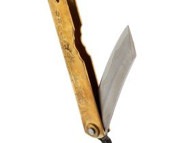 Нож складной Higonokami Nagao Kanekoma, 80мм, сталь Aogami Damascus 3 слоя, рукоять латунь золотая