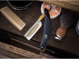 Опасная бритва Boker 14er 8/8, углеродистая сталь с позолотой, рукоять черный акрил