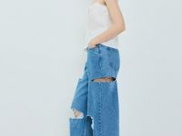 Широкие джинсы с рваным дизайном, Голубой