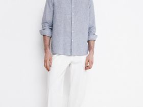 Рубашка из смесового льна с воротником мао, Синий