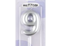 Свеча для торта с держателем MESHU "Цифра 9", 6 см, серебряная, блистер