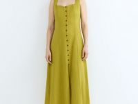 Платье из смесового льна с вырезом каре, Желтый