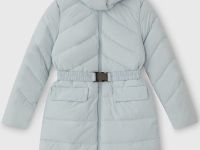 Стеганый пуховик с поясом и капюшоном